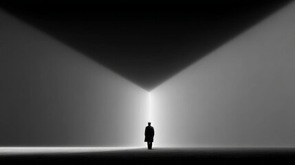 Solitary figure silhouette in stark geometric light and shadow evokes themes of isolation, modern design, and abstract minimalism for creative marketing or editorial use