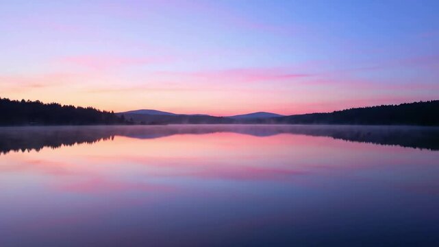 Ethereal Dawn Lake Reflections Capturing the soft, pastel hues of the rising sun as they paint the calm lake surface, creating perfect mirror-like reflections of the sky and distant, undefined