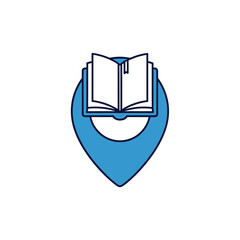 A blue map marker with an open book icon.  The open book has a bookmark