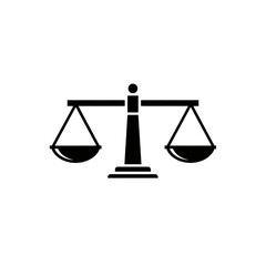 A black and white vector graphic of a balance scale. It is centered on a white background