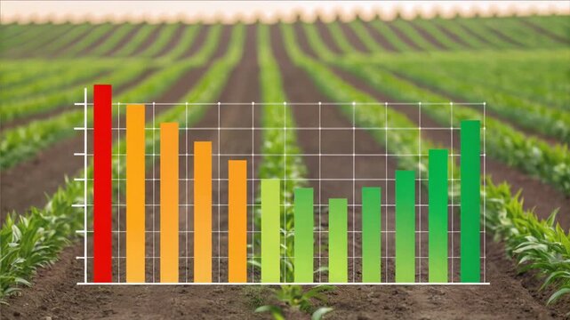 Smart fertilizer application improves crop growth and crop yield shown by colorful bar graph over green agricultural field with rows of healthy plants