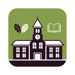 An image of a school building with leaves and an open book. All are within a green square