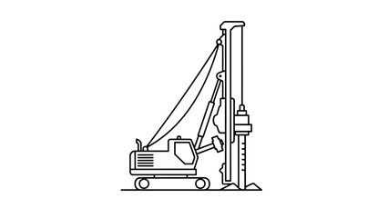 Line drawing of a drilling machine, with long upright piece, a cab, and lines