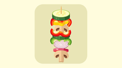 A colorful, minimalist illustration of a skewer with various vegetable slices