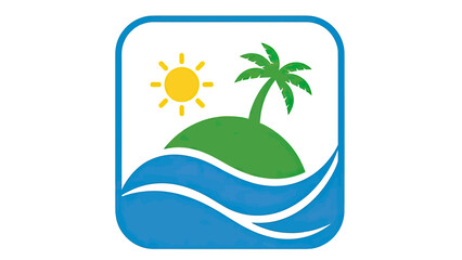 A cartoonish island scene with a palm tree, sun, and water in a rounded square