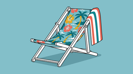 A white beach chair with a floral print fabric, striped towel hangs; on a turquoise background