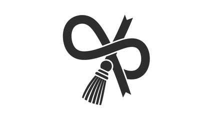 An abstract, grayscale illustration featuring a looped design with a tassel and a ribbon