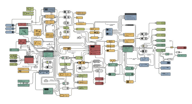 Complex Algorithm Flowchart Diagram with Colorful Boxes and Connecting Lines, Illustrating a System or Process