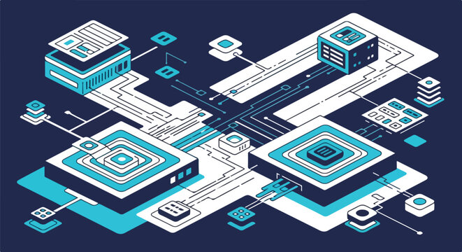 Abstract isometric illustration of a complex data processing system with interconnected servers and circuits on a dark blue background