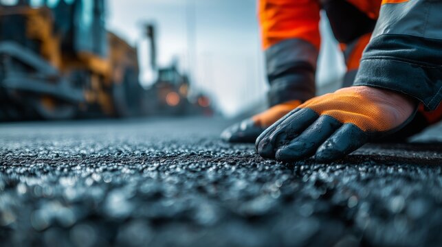 Worker lays asphalt on roadway during daytime construction near urban area