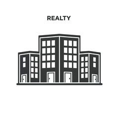 A realty icon with buildings and text above, representing real estate