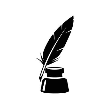 Silhouette of a black quill pen in a ink pot. Image features detailed lines and a white background