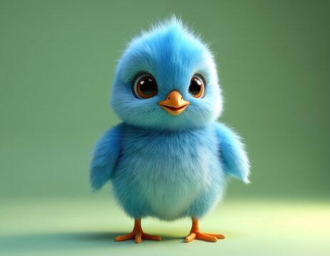 Fluffy blue chick with big eyes and orange beak stands on green background. Adorable small bird with soft feathers looks curious and sweet. Cute chicklet front view in studio.