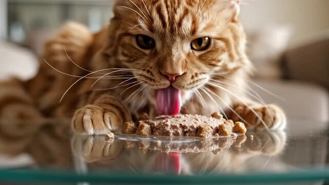 An adorable ginger tabby cat enjoys a delicious meal of wet food on