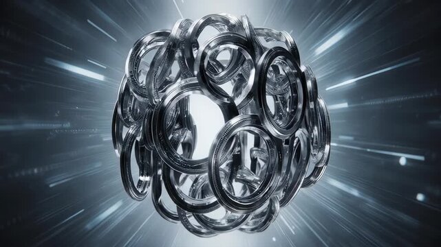A futuristic metallic sphere composed of intertwined chrome rings radiates light rays, centered on a dark gradient background with high contrast