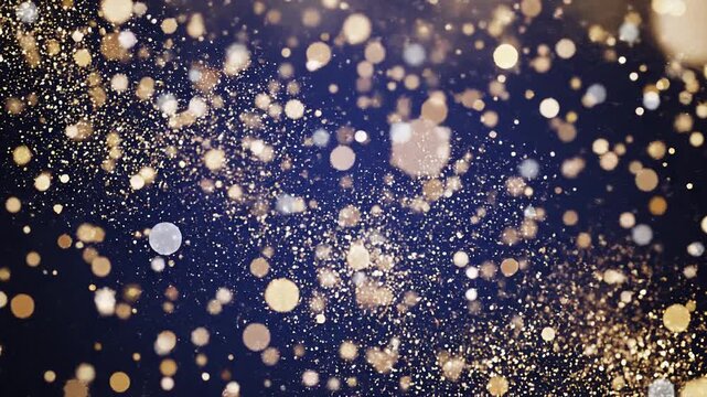 Celebratory gold glitter particles exploding against a dark blue background from a high angle view