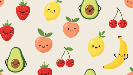 Colorful seamless pattern of cute fruit characters with various facial expressions like happy, sad, and winking.