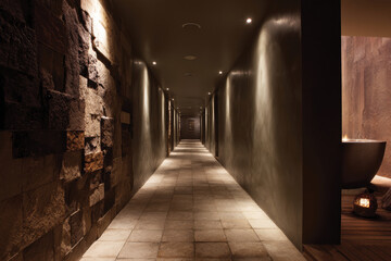 Fototapeta premium A beautifully designed hotel corridor featuring textured stone walls, soft lighting, and a warm ambiance, inviting guests to experience tranquility and comfort.