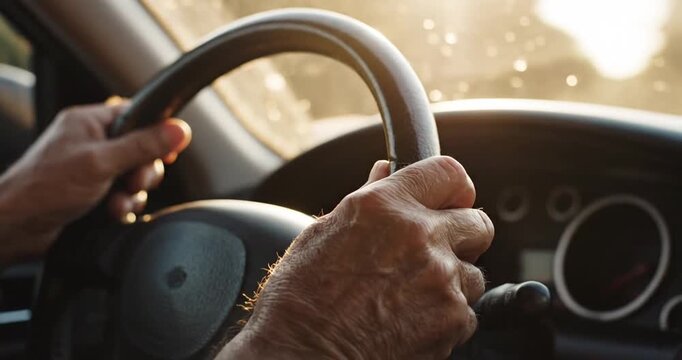 Elderly Hands Gripping Car Steering Wheel.