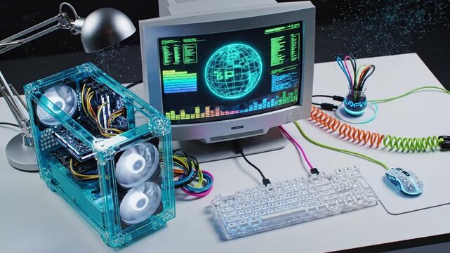 Cyberpunk desktop computer with CRT monitor and transparent PC case