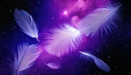 Obraz premium Ethereal Feathers Floating in a Cosmic Dreamscape of Purple and Blue.