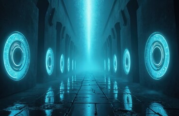 Fototapeta premium Digital abstract corridor with glowing blue circles and light beam. Futuristic pathway with energy portals in dark mystical room. Concept for sci-fi, metaverse, and spiritual journey.