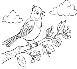 Obraz premium Birds on a blooming tree branch cartoon illustration