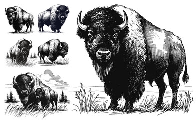 Storm in Fur Bison line art drawing sketch vector hand drawn illustration svg © Ratcha