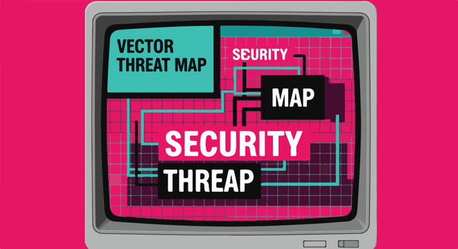 Digital vector threat map on a retro CRT monitor, illustrating cybersecurity analysis, data security, and interconnected diagrams for digital protection.