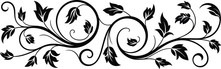 Elegant black floral swirl border ornament with decorative leaves, vintage scrollwork design for invitations, frames, wallpapers, branding, and luxury graphic backgrounds