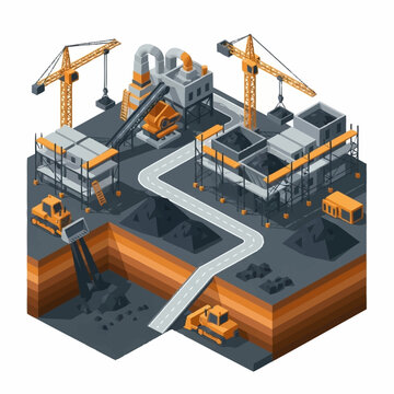 Isometric Construction Site with Heavy Machinery and Buildings Under Development.