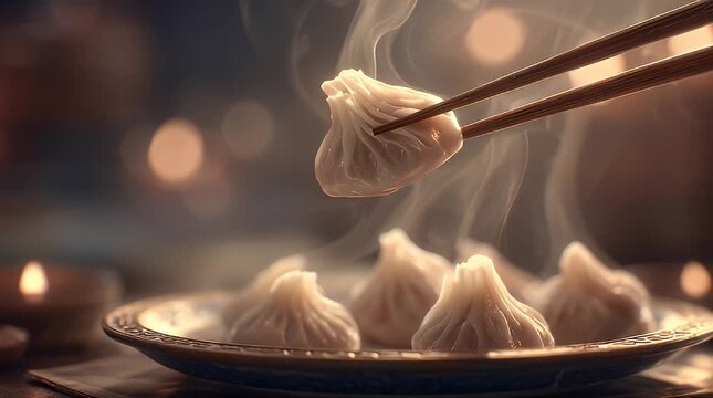 Steaming dumplings being picked from a bowl with chopsticks on a wooden table in a cozy atmosphere