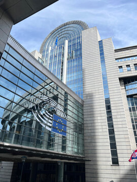 The main entrance to the Paul-Henri Spaak Building, part of the European Parliament complex, Brussels, Belgium, September 6, 2025