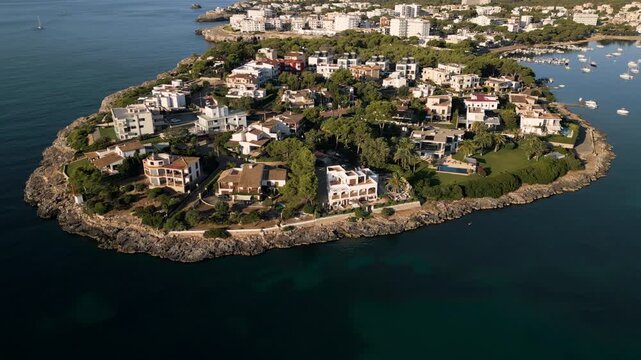 Vista a&eacute;rea saliendo de Portocolom en Mallorca con playa, hoteles y barcos en la costa mediterr&aacute;nea
