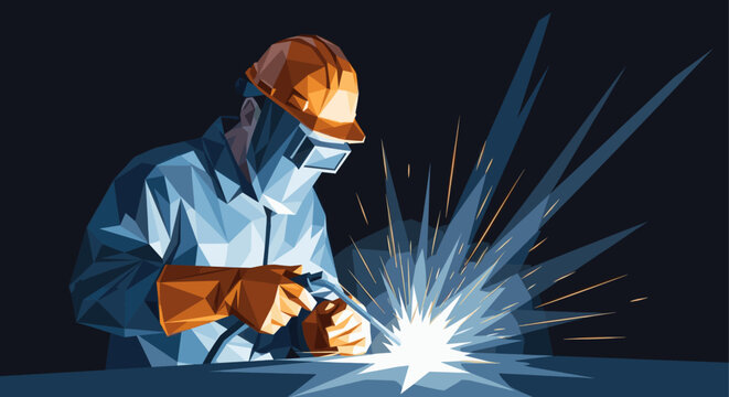 Polygon art illustration of a welder wearing safety gear working with bright sparks. Perfect for use in topics about industry, construction, labor, or technical skills.