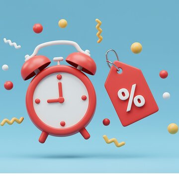 Red alarm clock and discount tag with colorful balls and squiggles on blue background