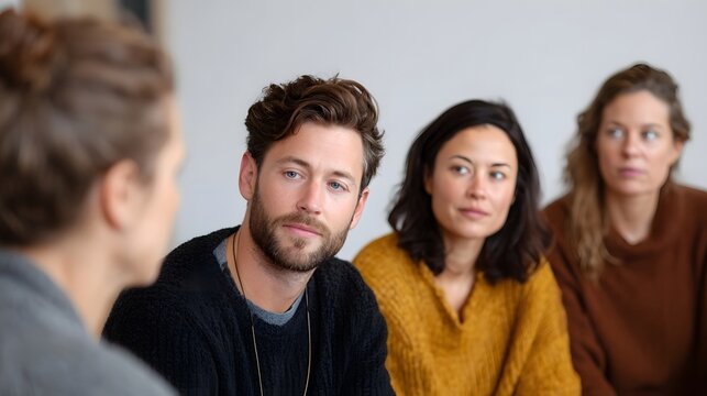 A diverse group of professionals engaged in a thoughtful discussion during a meeting or workshop session focusing on collabo n and ideas