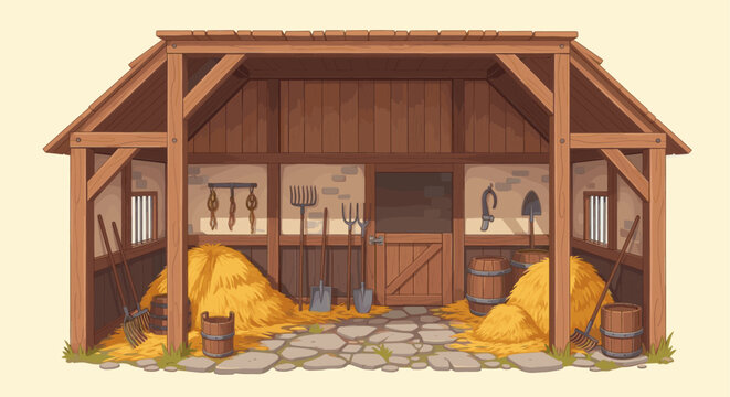 Illustration of a rustic, open stable filled with hay, farming tools, and wooden buckets. Ideal for children's books, farm-themed designs, or educational resources.