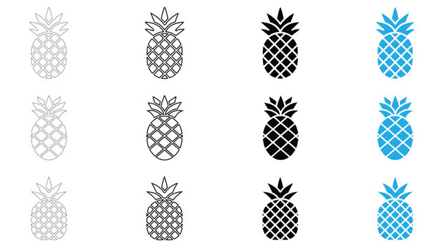 pineapple icon vector set, pineapple fruit symbol icon vector, silhouette and line art illustration