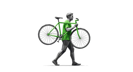 Fototapeta premium Low polygon style illustration of a man carrying a green bicycle. Clean, modern design ideal for technology, sports, or environmentally conscious brands. Copy space for text.
