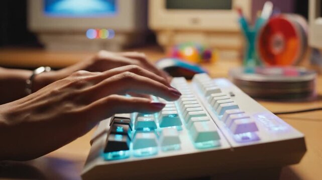 Close up of hands typing on illuminated keyboard at night
