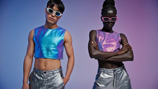 Diverse models wearing futuristic metallic outfits and sunglasses in studio