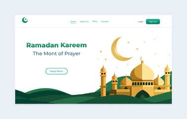 Ramadan Kareem Islamic Landing Page with Golden Mosque and Crescent Moon © Ipock Studio