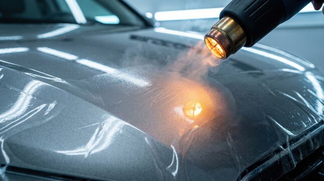 Heat gun demonstration of self-healing PPF on car hood