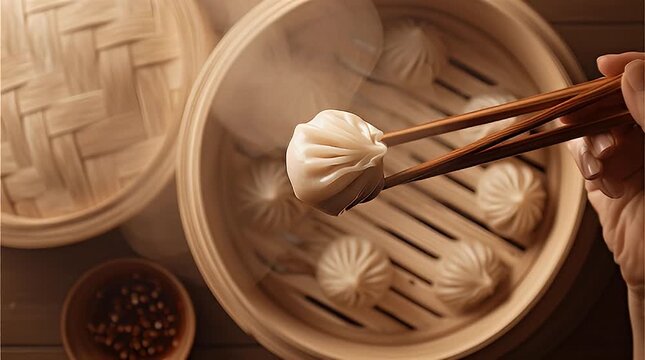 Steaming dumplings being lifted from a bamboo steamer with chopsticks