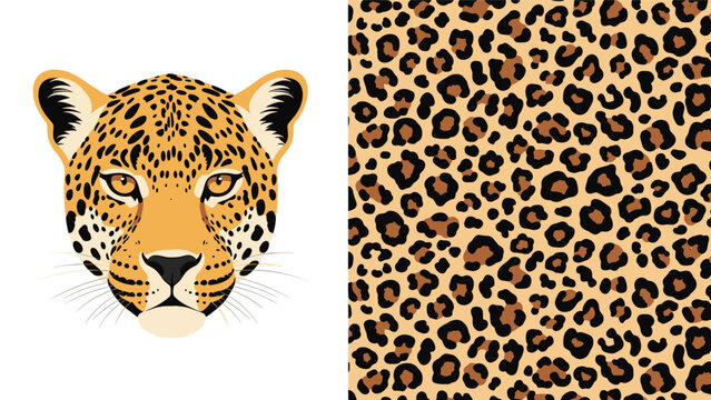 Graphic illustration of a leopard head portrait alongside a matching seamless leopard print pattern with black and brown spots for fashion.