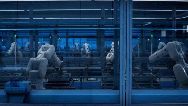 3D Animation: Side view of an Automated Production Line with Robotic Arms. Concept: Lights out Assembly Line with Autonomous Industrial Robot Arms on a Smart Dark Factory. Manufacturing Automation