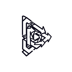 Obraz premium A monochrome illustration of interlocking arrows forming a triangle around a central iris