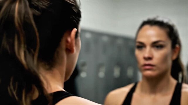Focused athletic woman securing long brown and blonde highlighted hair into a high ponytail preparing intensely for demanding fitness workout session.