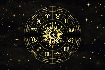 Vector Golden zodiac wheel with astrological symbols and radiant sun on dark background. Elegant celestial design inspired by astrology, horoscope © artemisia1508